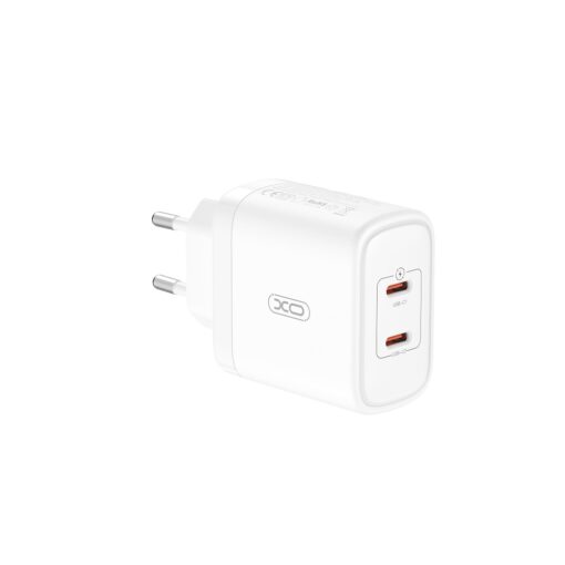 XO wall charger CE08 PD 50W 2x USB-C white + USB-C - Lightning cable - Image 2