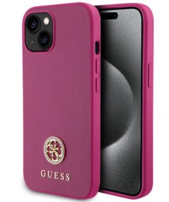 Guess case for iPhone 15 6,1" GUHCP15SPS4DGPP pink HC PU 4G Metal Logo Strass