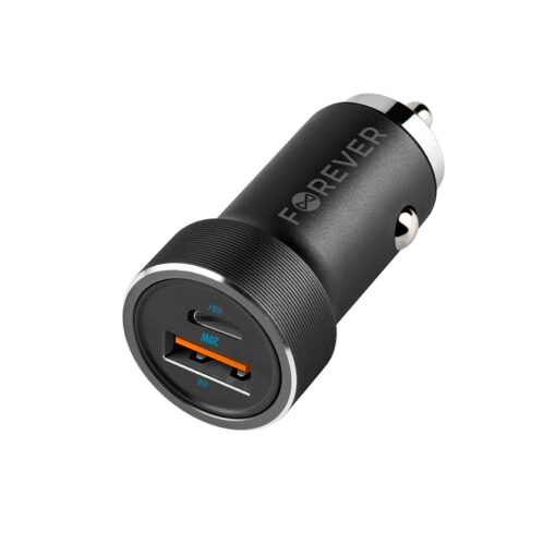 Forever CC-06 PD QC car charger 1x USB-C 1x USB 20W black + USB-C - Lightning cable 27W - Image 3