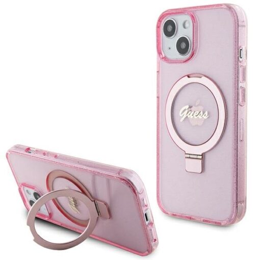 Guess case for iPhone 15 6,1" GUHMP15SHRSGSP pink HC RING STAND MAGSAFE SCRIPT LOGO GLITTER