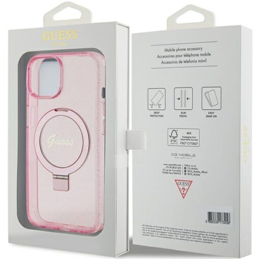 Guess case for iPhone 15 6,1" GUHMP15SHRSGSP pink HC RING STAND MAGSAFE SCRIPT LOGO GLITTER - Image 8