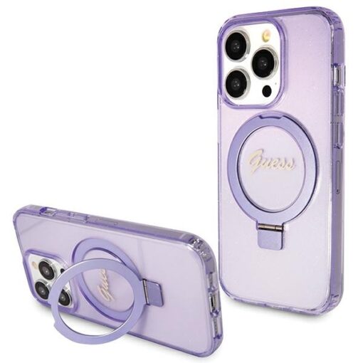 Guess case for iPhone 15 Pro 6,1" GUHMP15LHRSGSU purple HC RING STAND MAGSAFE SCRIPT LOGO GLITTER