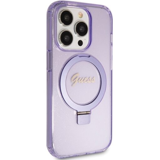 Guess case for iPhone 15 Pro 6,1" GUHMP15LHRSGSU purple HC RING STAND MAGSAFE SCRIPT LOGO GLITTER - Image 4