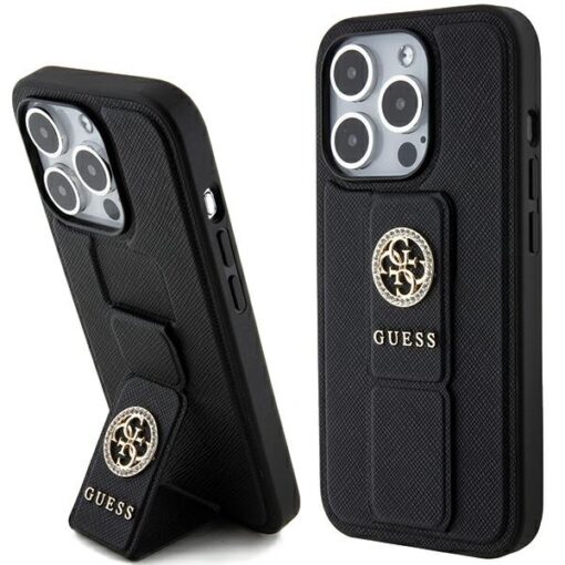 Guess case for iPhone 15 Pro 6,1" GUHCP15LPGSSADK black HC GRIPSTAND SAFFIANO 4G STRASS