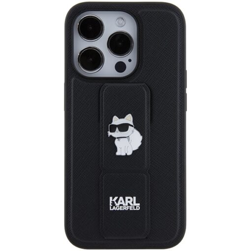 Karl Lagerfeld case for iPhone 15 Pro Max 6,7" KLHCP15XGSACHPK black GRIPSTAND SAFFIANO CHOUPETTE PINS - Image 4