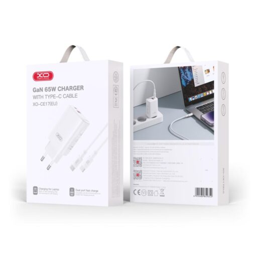 XO wall charger CE17 PD 65W 1x USB-C 1x USB white + cable USB-C - USB-C - Image 2