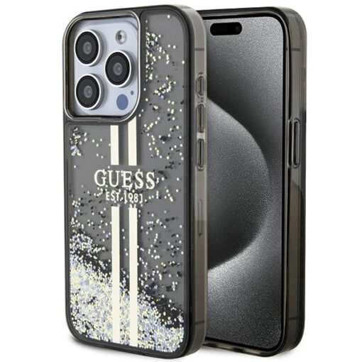 Guess case for iPhone 15 Pro Max 6,7" black HC LIQ. GLITTER GOLD STRIPES