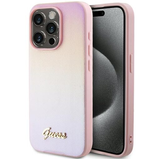 Guess case for iPhone 15 Pro 6,1" GUHCP15LPSAIRSP pink HC PU SAFFIANO IRIDESCENT SCRIPT