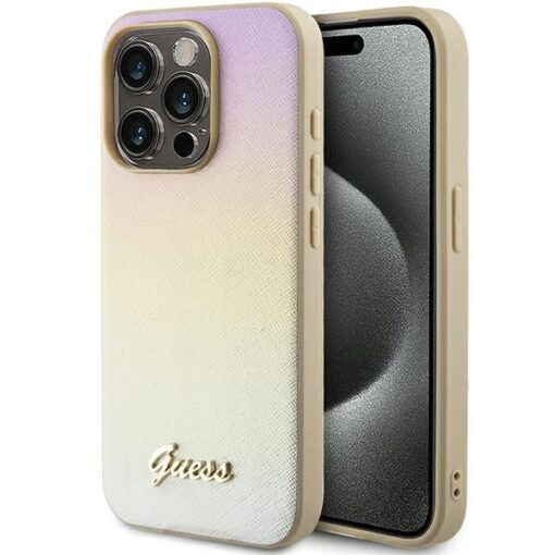 Guess case for iPhone 15 Pro 6,1" GUHCP15LPSAIRSD gold HC PU SAFFIANO IRIDESCENT SCRIPT