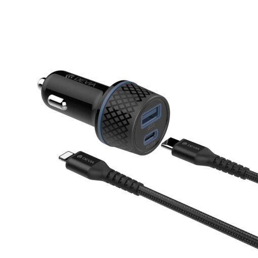 Devia car charger Extreme PD QC 1x USB-C 1x USB 52,5W black + USB-C - Lightning cable - Image 2