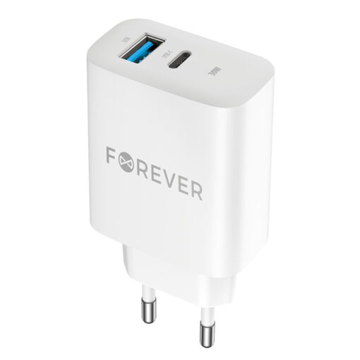 Forever TC-07-30AC PD QC charger 1x USB-C 1x USB 30W white + USB-C - USB-C cable 60W - Image 2