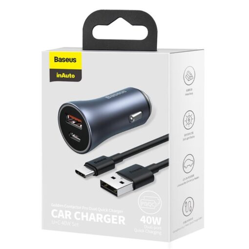 Baseus car charger Golden Contactor Pro 1x USB 1x USB-C QC 40W black + cable USB - USB-C 5A - Image 4