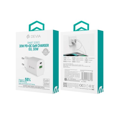 Devia wall charger Smart PD GaN 30W 1x USB-C 1xUSB white - Image 4