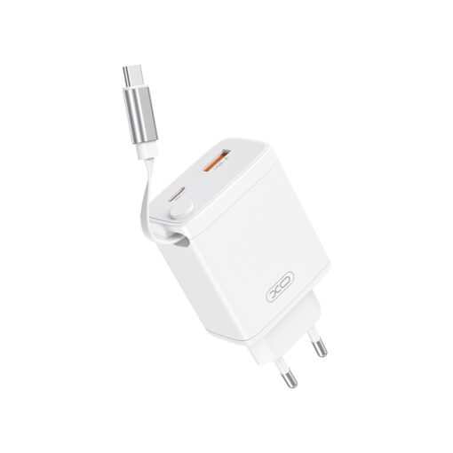 XO wall charger CE31 1x USB 1x USB-C 30W white with retractable USB-C cable