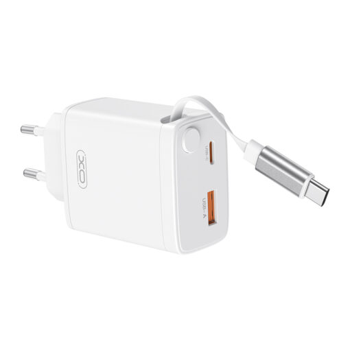 XO wall charger CE31 1x USB 1x USB-C 30W white with retractable USB-C cable - Image 2