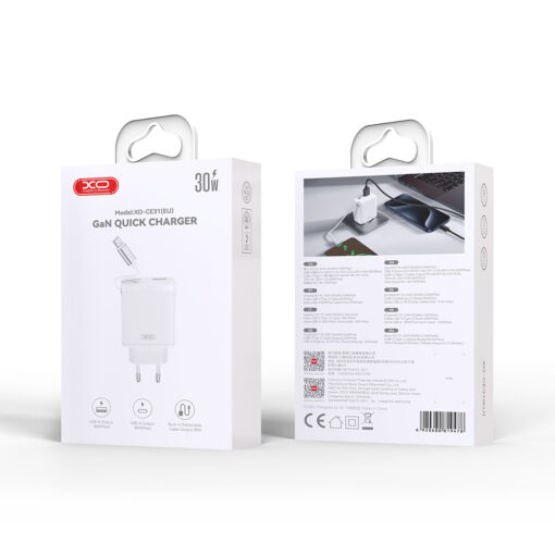 XO wall charger CE31 1x USB 1x USB-C 30W white with retractable USB-C cable - Image 4