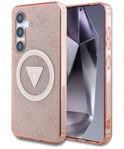 Guess HC Magnetic IML Metal Glitter 4G Circle Triangle case for Samsung Galaxy S25 pink