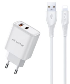 Laadija Awei PD81L-EU 22.5W USB-A/USB-C + USB to Lightning cable 1.0m valge