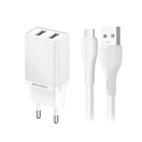 Laadija Awei C15T-EU 10W 2xUSB-A + USB-A to USB-C cable 1.0m valge