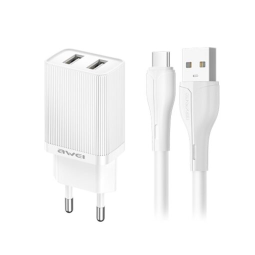 Laadija Awei C15T-EU 10W 2xUSB-A + USB-A to USB-C cable 1.0m valge