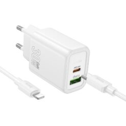Laadija Hoco N63 30W GaN USB-C/USB-A + USB-C to Lightning cable 1.0m valge