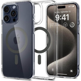 Kaitseümbris Ultra Hybrid MagFit, Apple iPhone 15 Pro Max, läbipaistev tumehalli MagSafe ringiga, Spigen