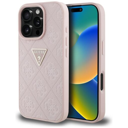 Guess Hardcase PU Grained Hot Stamp 4G Triangle Metal Case for iPhone 16 Pro 6,3" Pink