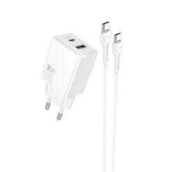 Laadija Hoco N71 30W GaN USB-C/USB-A + USB-C to USB-C cable 1.0m valge
