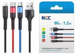 USB cable NCC "lightning+micro+USB-C" (60W) 1m black