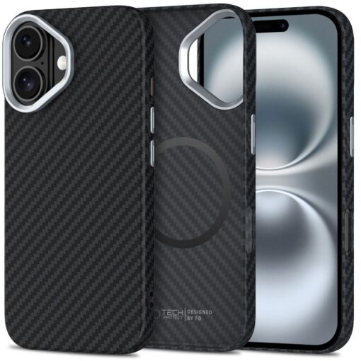 Kaitseümbris Ion Carbon MagSafe, Apple iPhone 16, must/hõbedane, õhuke, Tech-Protect