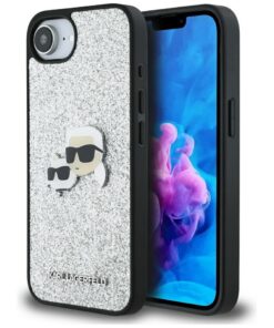 Karl Lagerfeld HC Fixed Glitter with Ikonik Metal Pin case for iPhone 16e Silver