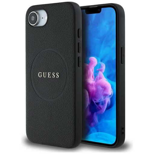 Guess HC MagSafe PU Grained Gold Ring case for iPhone 16e Black