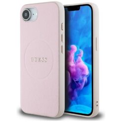 Guess HC MagSafe PU Grained Gold Ring case for iPhone 16e Pink