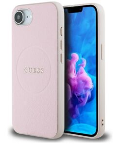 Guess HC MagSafe PU Grained Gold Ring case for iPhone 16e Pink