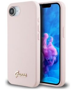 Guess HC Silicone Script Metal Logo Case for iPhone 16e Pink