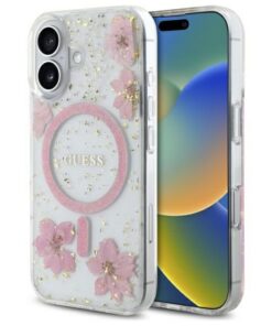 Guess HC MagSafe Resin Flowers and Glitter case for iPhone 16 Pink