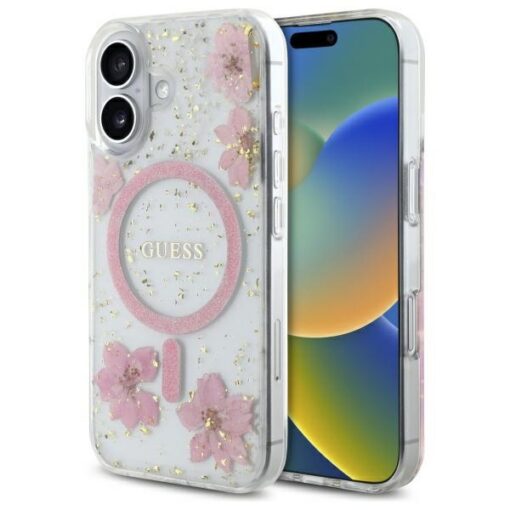 Guess HC MagSafe Resin Flowers and Glitter case for iPhone 16 Pink