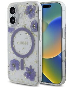 Guess HC MagSafe Resin Flowers and Glitter case for iPhone 16 Purple