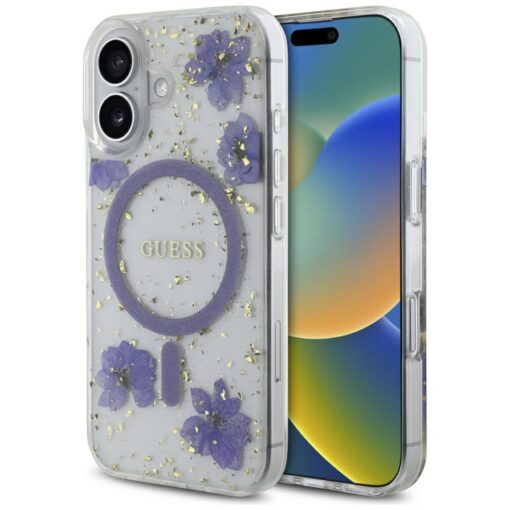 Guess HC MagSafe Resin Flowers and Glitter case for iPhone 16 Purple