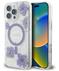 Guess HC MagSafe Resin Flowers and Glitter case for iPhone 16 Pro Max Purple