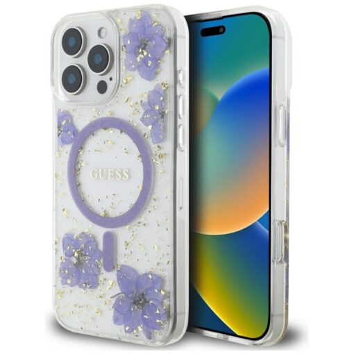 Guess HC MagSafe Resin Flowers and Glitter case for iPhone 16 Pro Max Purple