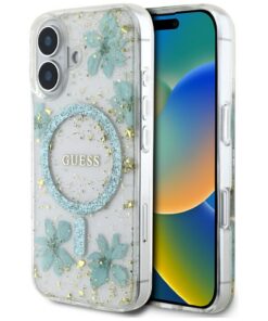 Guess HC MagSafe Resin Flowers and Glitter case for iPhone 16 Turquoise
