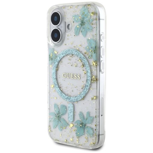 Guess HC MagSafe Resin Flowers and Glitter case for iPhone 16 Turquoise - Image 2