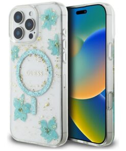 Guess HC MagSafe Resin Flowers and Glitter case for iPhone 16 Pro Turquoise