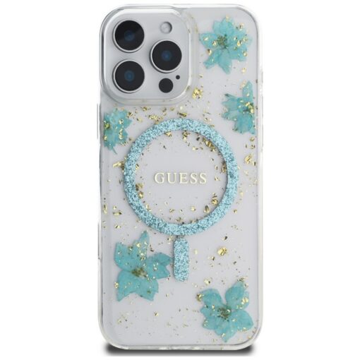 Guess HC MagSafe Resin Flowers and Glitter case for iPhone 16 Pro Turquoise - Image 3