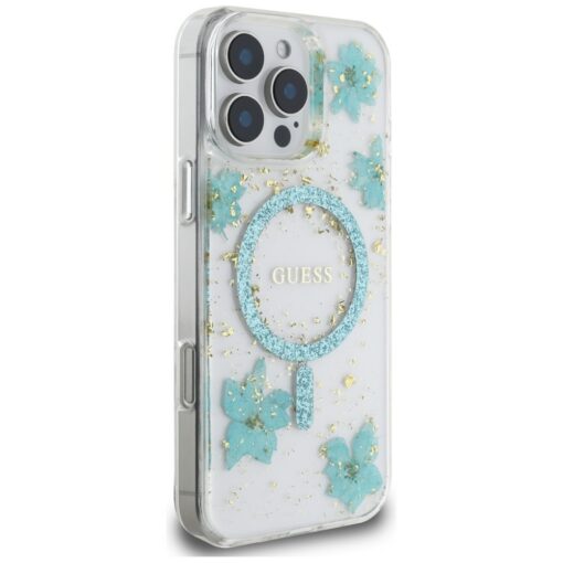 Guess HC MagSafe Resin Flowers and Glitter case for iPhone 16 Pro Turquoise - Image 4