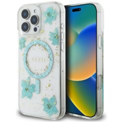 Guess HC MagSafe Resin Flowers and Glitter case for iPhone 16 Pro Max Turquoise