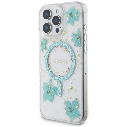 Guess HC MagSafe Resin Flowers and Glitter case for iPhone 16 Pro Max Turquoise - Image 2