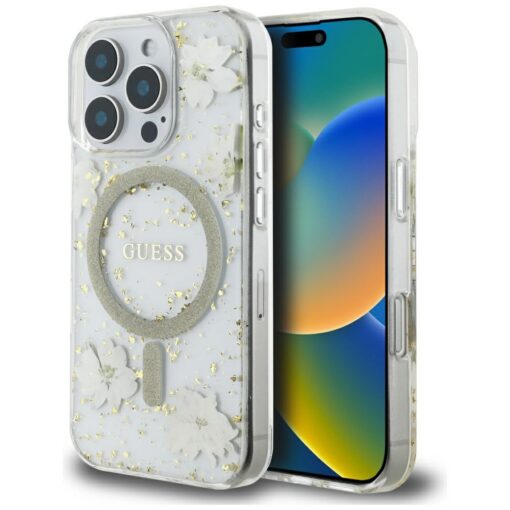 Guess HC MagSafe Resin Flowers and Glitter case for iPhone 16 Pro Beige