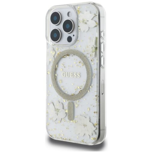 Guess HC MagSafe Resin Flowers and Glitter case for iPhone 16 Pro Beige - Image 2